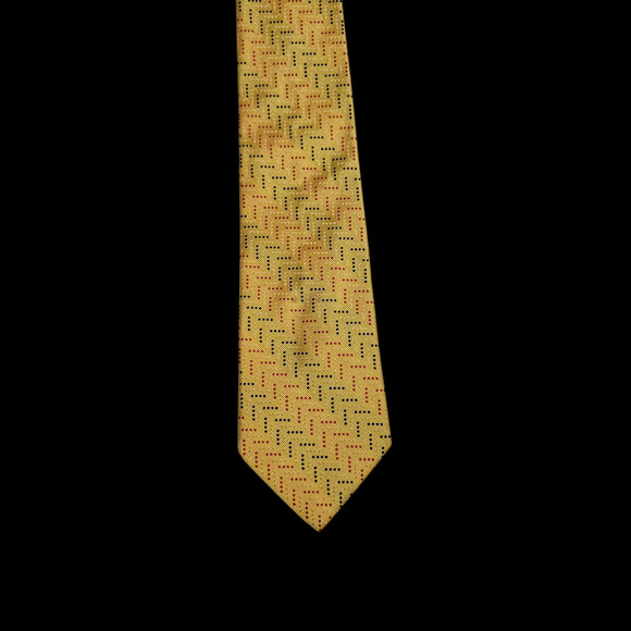Jos. A. Bank Yellow Silk Tie Made in Italy Geometric Red Black Dot Pattern 3.75” - Picture 2 of 6